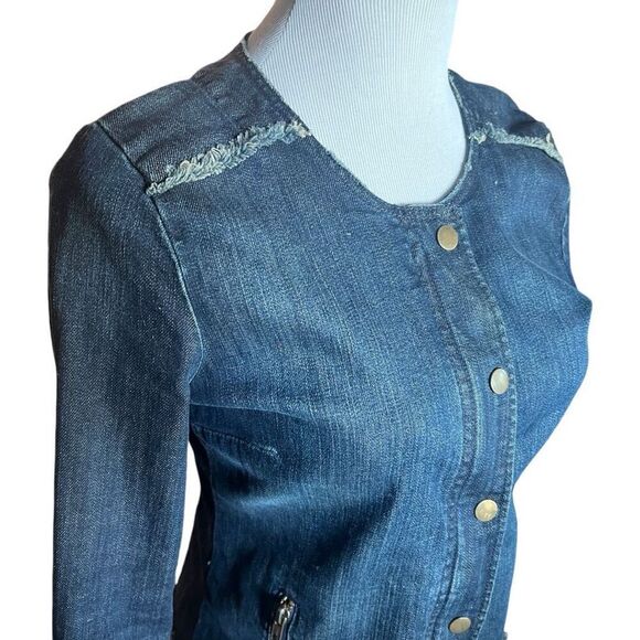 Womens Lucky Brand Collarless Dark Wash Zipper Detail Denim Jean Jacket - Sz S - Picture 3 of 5